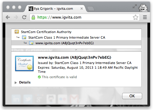 Figure 4-6. Certificate chain of trust for igvita.com (Google Chrome, v25)