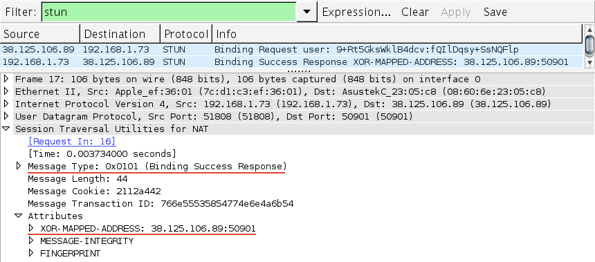 Figure 18-8. WireShark capture of a peer-to-peer STUN binding request and response